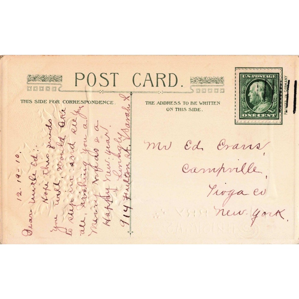 Vintage 1910 John Winsch Merry Christmas Postcard Embossed Holly Snowy Landscape - Picture 2 of 2